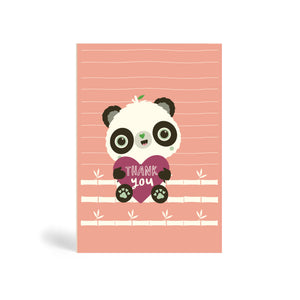Dusty pink Cute Panda With Heart A6 eco-friendly thank you card. Panda Joy, sustainable tree free greeting card.