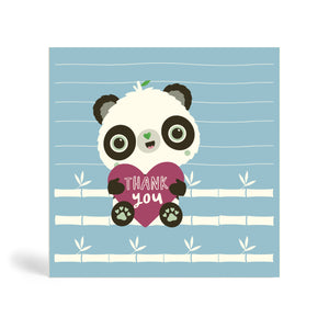 Light blue Cute Panda With Heart 150mm square eco-friendly thank you card. Panda Joy, sustainable tree free greeting card.