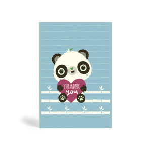 Light blue Cute Panda With Heart A6 eco-friendly thank you card. Panda Joy, sustainable tree free greeting card.