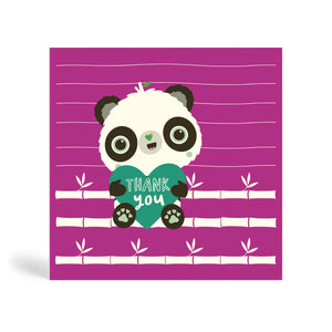 Magenta Cute Panda With Heart 150mm square eco-friendly thank you card. Panda Joy, sustainable tree free greeting card.