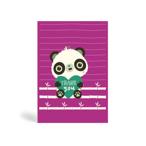 Magenta Cute Panda With Heart A6 eco-friendly thank you card. Panda Joy, sustainable tree free greeting card.