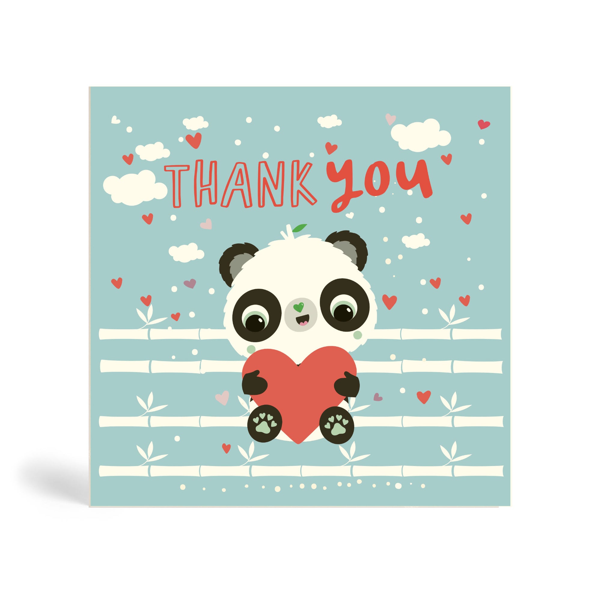 150mm square eco-friendly light Blue and red Bamboolicious Panda thank you card with Panda holding a heart shape and sitting on bamboo stick with clouds and heart shape floating in the background. Panda Joy, environmentally friendly, tree free greeting cards.