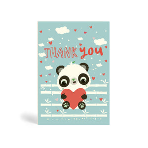 A6 eco-friendly light Blue and red Bamboolicious Panda thank you card with Panda holding a heart shape and sitting on bamboo stick with clouds and heart shape floating in the background. Panda Joy, environmentally friendly, tree free greeting cards.