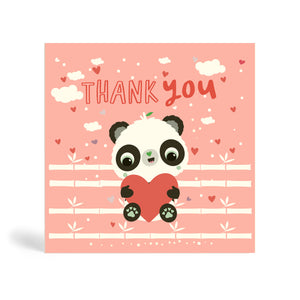 150mm square eco-friendly dusty pink and red Bamboolicious Panda thank you card with Panda holding a heart shape and sitting on bamboo stick with clouds and heart shape floating in the background. Panda Joy, environmentally friendly, tree free greeting cards.