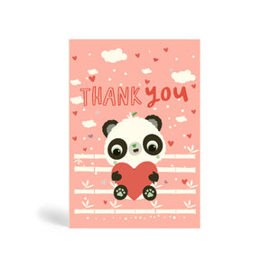 A6 eco-friendly dusty pink and red Bamboolicious Panda thank you card with Panda holding a heart shape and sitting on bamboo stick with clouds and heart shape floating in the background. Panda Joy, environmentally friendly, tree free greeting cards.