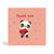 150mm square eco-friendly dusty pink ‘Puppy Eyes’ Panda thank you card with Panda holding a red heart shape surrounded by floating small heart shapes and saying a cute thank you. Panda Joy, environmentally friendly, tree free greeting cards.