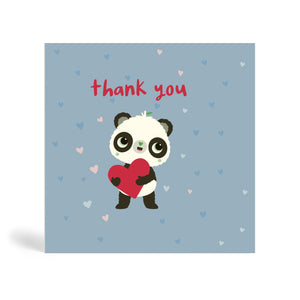 150mm square eco-friendly light blue ‘Puppy Eyes’ Panda thank you card with Panda holding a red heart shape surrounded by floating small heart shapes and saying a cute thank you. Panda Joy, environmentally friendly, tree free greeting cards.