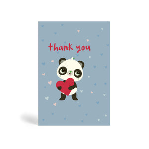 A6 eco-friendly light blue ‘Puppy Eyes’ Panda thank you card with Panda holding a red heart shape surrounded by floating small heart shapes and saying a cute thank you. Panda Joy, environmentally friendly, tree free greeting cards.