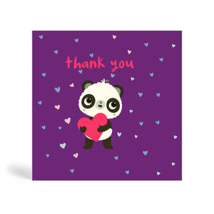 150mm square eco-friendly purple ‘Puppy Eyes’ Panda thank you card with Panda holding a red heart shape surrounded by floating small heart shapes and saying a cute thank you. Panda Joy, environmentally friendly, tree free greeting cards.