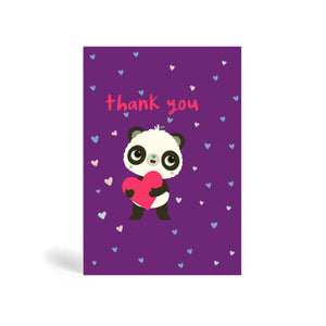 A6 eco-friendly purple ‘Puppy Eyes’ Panda thank you card with Panda holding a red heart shape surrounded by floating small heart shapes and saying a cute thank you. Panda Joy, environmentally friendly, tree free greeting cards.