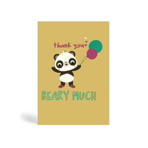 A6 mustard eco-friendly, tree free thank you greeting card with Panda wearing a purple shoe and holding a purple and green balloon. The cards say, thank you Beary Much with three heart shapes. Panda Joy UK, sustainable greeting cards.