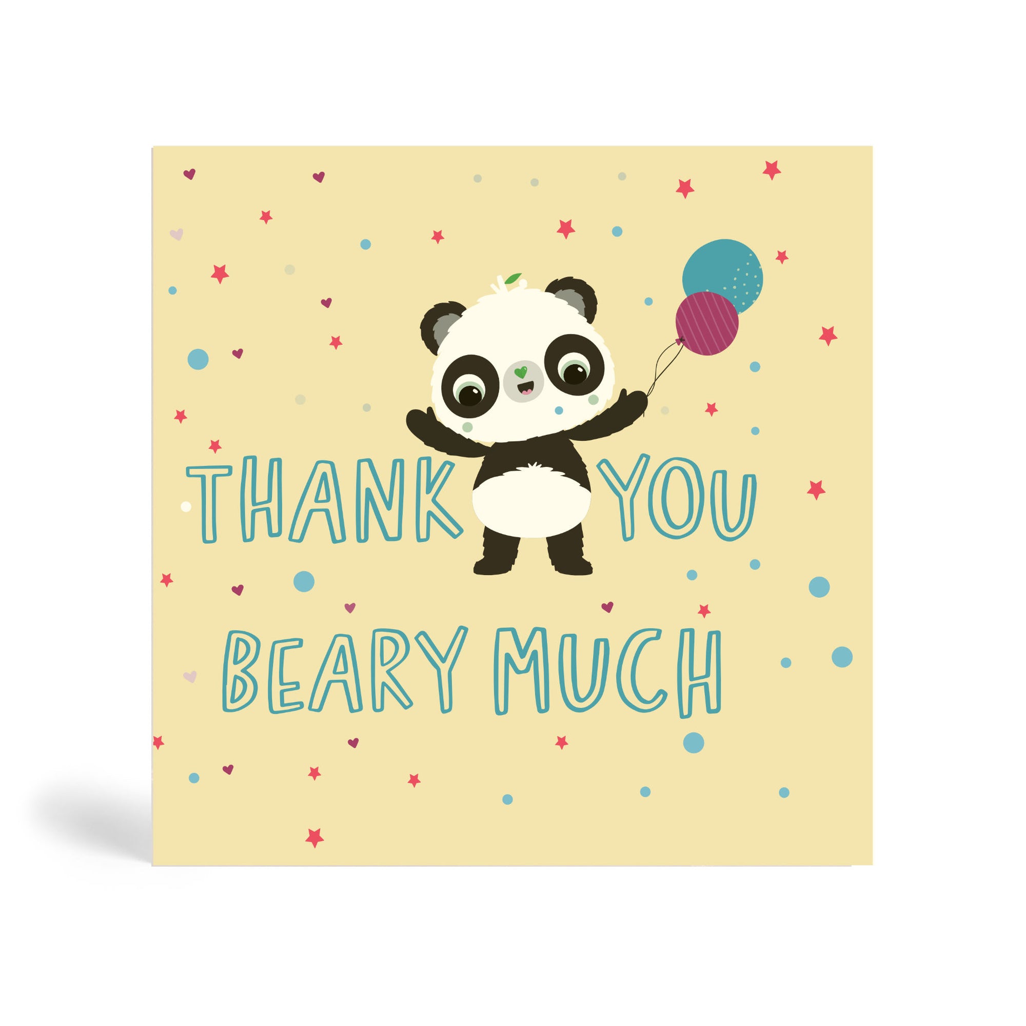 Cream 150mm square eco-friendly, tree free thank you greeting card with Panda holding a purple and green balloon with different colour stars, circles and heart shape in the background. The cards say, thank you Beary Much. Panda Joy UK, environmentally friendly greeting cards.