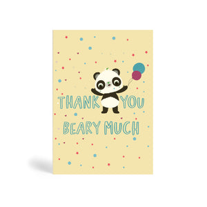 Cream A6 eco-friendly, tree free thank you greeting card with Panda holding a purple and green balloon with different colour stars, circles and heart shape in the background. The cards say, thank you Beary Much. Panda Joy UK, environmentally friendly greeting cards.