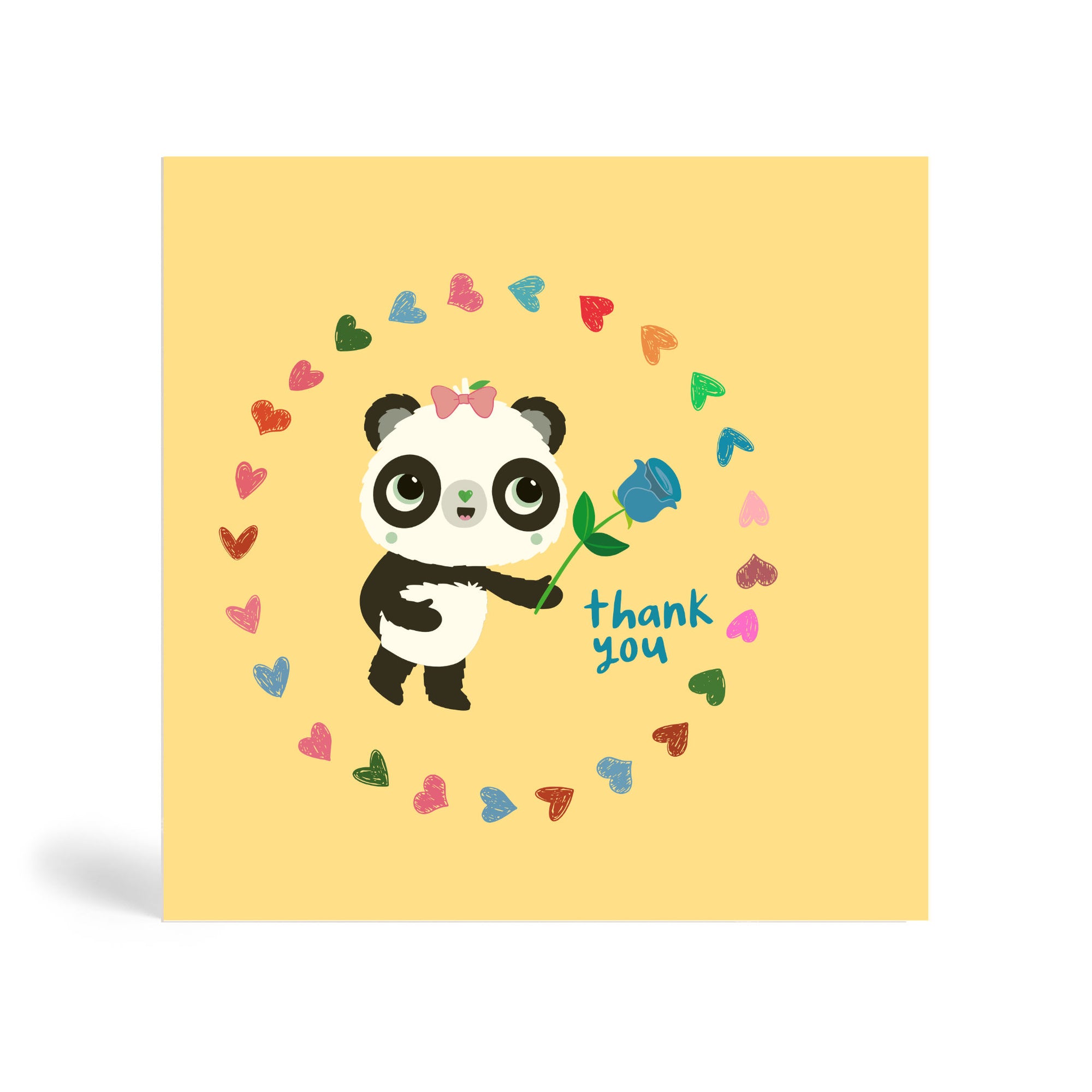 150mm square cream eco-friendly, tree free, blue rose thank you greeting card with Panda with bow on head, holding a blue rose surrounded by circle of different colour heart shapes and saying thank you. Panda Joy UK, environmentally friendly greeting cards.