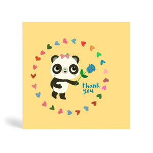 150mm square cream eco-friendly, tree free, blue rose thank you greeting card with Panda with bow on head, holding a blue rose surrounded by circle of different colour heart shapes and saying thank you. Panda Joy UK, environmentally friendly greeting cards.