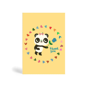 A6 cream eco-friendly, tree free, blue rose thank you greeting card with Panda with bow on head, holding a blue rose surrounded by circle of different colour heart shapes and saying thank you. Panda Joy UK, environmentally friendly greeting cards.