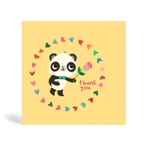 150mm square cream eco-friendly, tree free, pink rose thank you greeting card with Panda with bow tie, holding a pink rose surrounded by circle of different colour heart shapes and saying thank you. Panda Joy UK, environmentally friendly greeting cards.