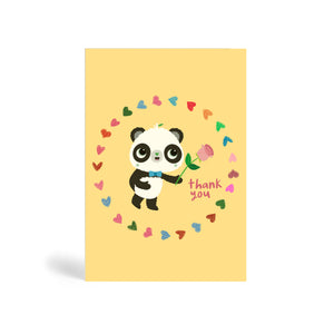 A6 cream eco-friendly, tree free, pink rose thank you greeting card with Panda with bow tie, holding a pink rose surrounded by circle of different colour heart shapes and saying thank you. Panda Joy UK, environmentally friendly greeting cards.
