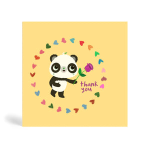 150mm square cream eco-friendly, tree free, purple rose thank you greeting card, with Panda holding a purple rose surrounded by circle of different colour heart shapes and saying thank you. Panda Joy UK, environmentally friendly greeting cards.