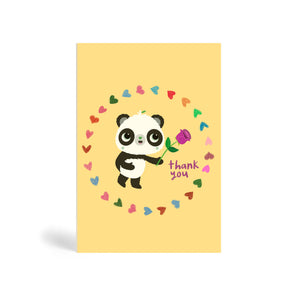 A6 cream eco-friendly, tree free, purple rose thank you greeting card, with Panda holding a purple rose surrounded by circle of different colour heart shapes and saying thank you. Panda Joy UK, environmentally friendly greeting cards.