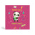 Pink 150mm square eco-friendly, tree free thank you teacher greeting card. Panda holding a green notebook saying thank you beary much surrounded by school materials and heart shapes.