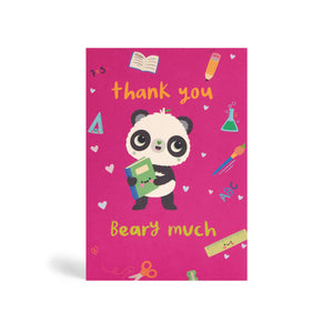 Pink A6 eco-friendly, tree free thank you teacher greeting card. Panda holding a green notebook saying thank you beary much surrounded by school materials and heart shapes.