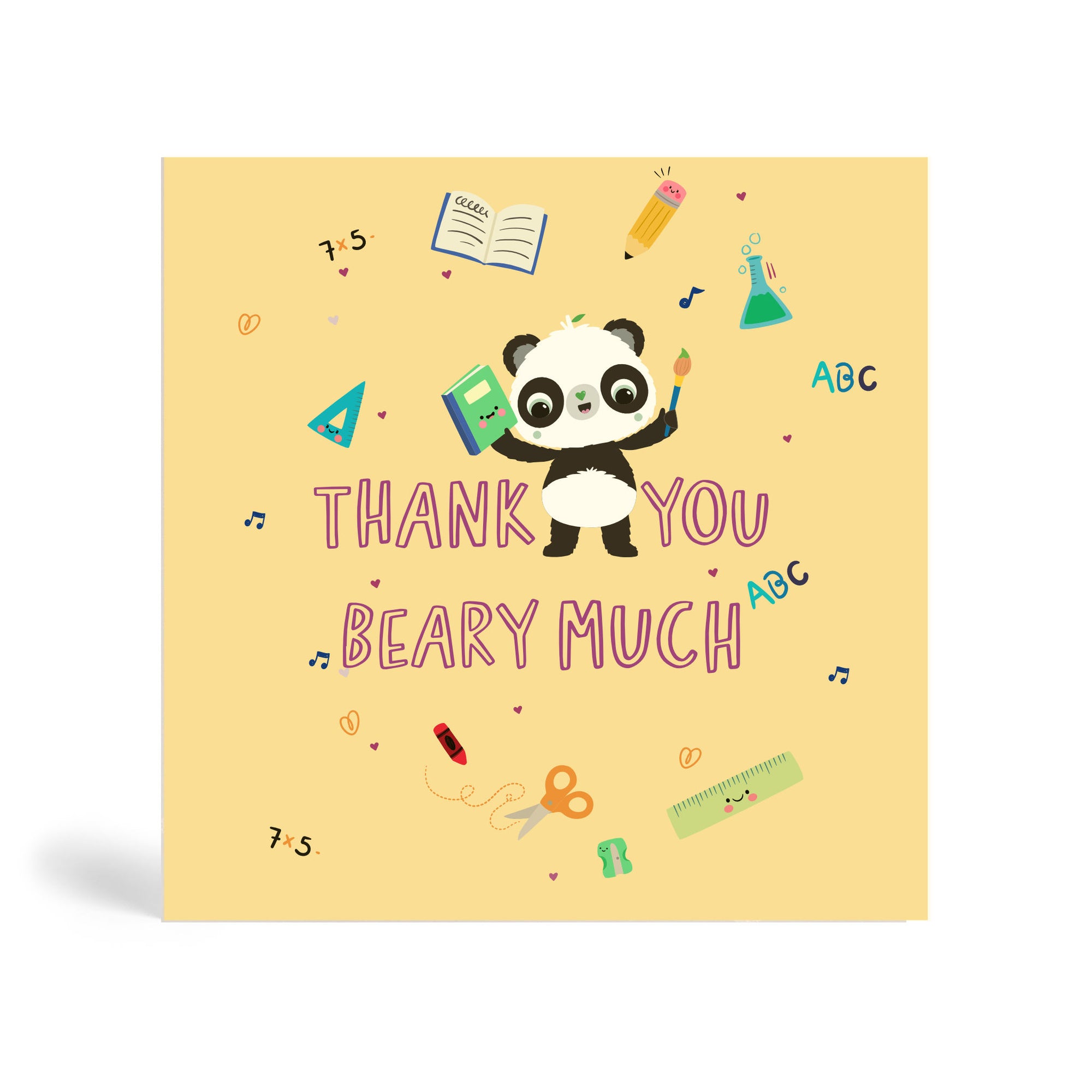 Cream 150mm square eco-friendly, tree free thank you teacher greeting card. Panda holding a green notebook and paint brush standing in the middle of a large thank you beary much text and surrounded by school materials.