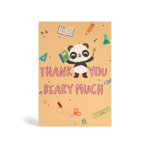 Cream A6 eco-friendly, tree free thank you teacher greeting card. Panda holding a green notebook and paint brush standing in the middle of a large thank you beary much text and surrounded by school materials.