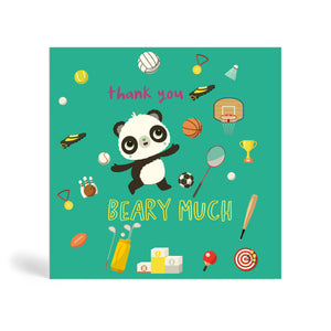 Green 150mm square eco-friendly, tree free, thank you sport teacher greeting card. Panda holding a green notebook and paint brush standing in the middle of a large thank you beary much text and surrounded by school materials.