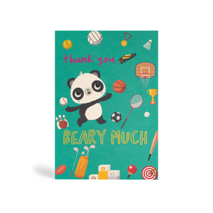 Green A6 eco-friendly, tree free, thank you sport teacher greeting card. Panda holding a green notebook and paint brush standing in the middle of a large thank you beary much text and surrounded by school materials.